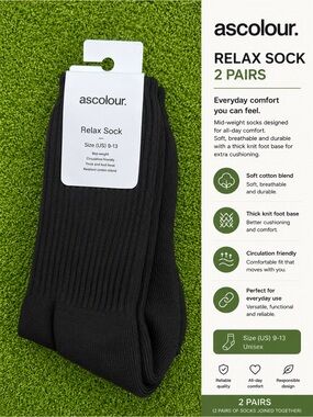 AS Colour Relax Socks – 2 Pairs – Black – Size US 9-13